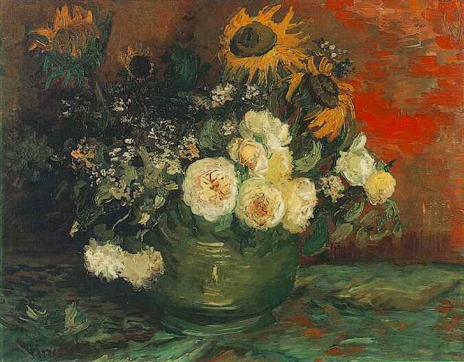 Картина Ван Гога Чаша с подсолнечником, розами и другими цветами 1886